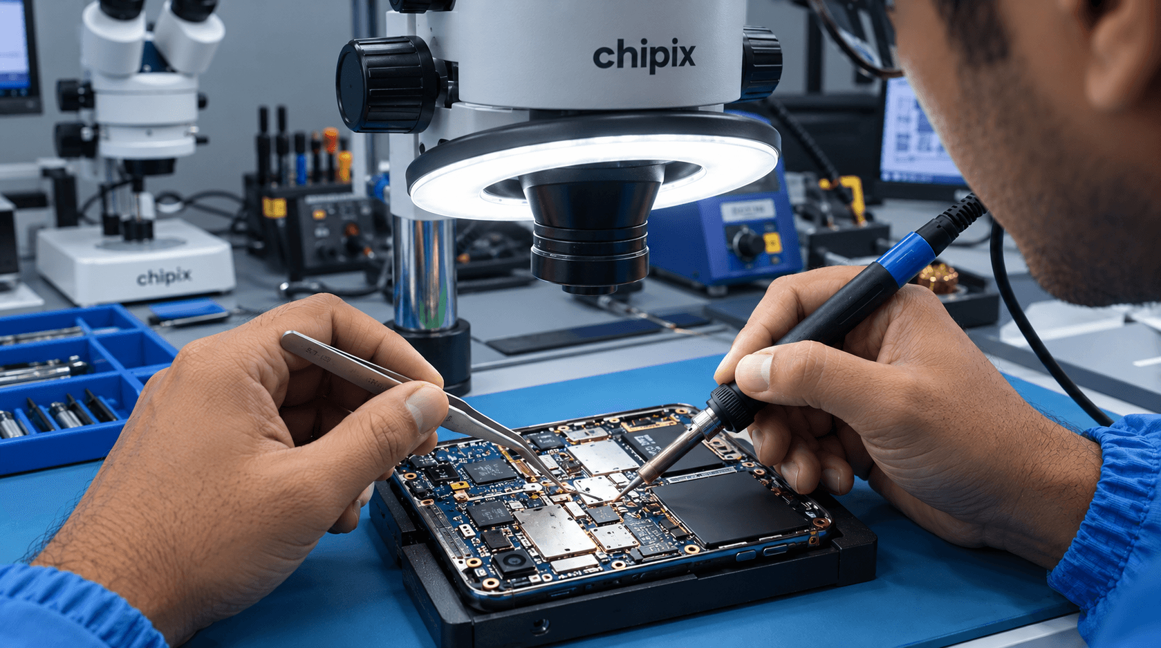 Technician micro-soldering a smartphone logic board under a microscope