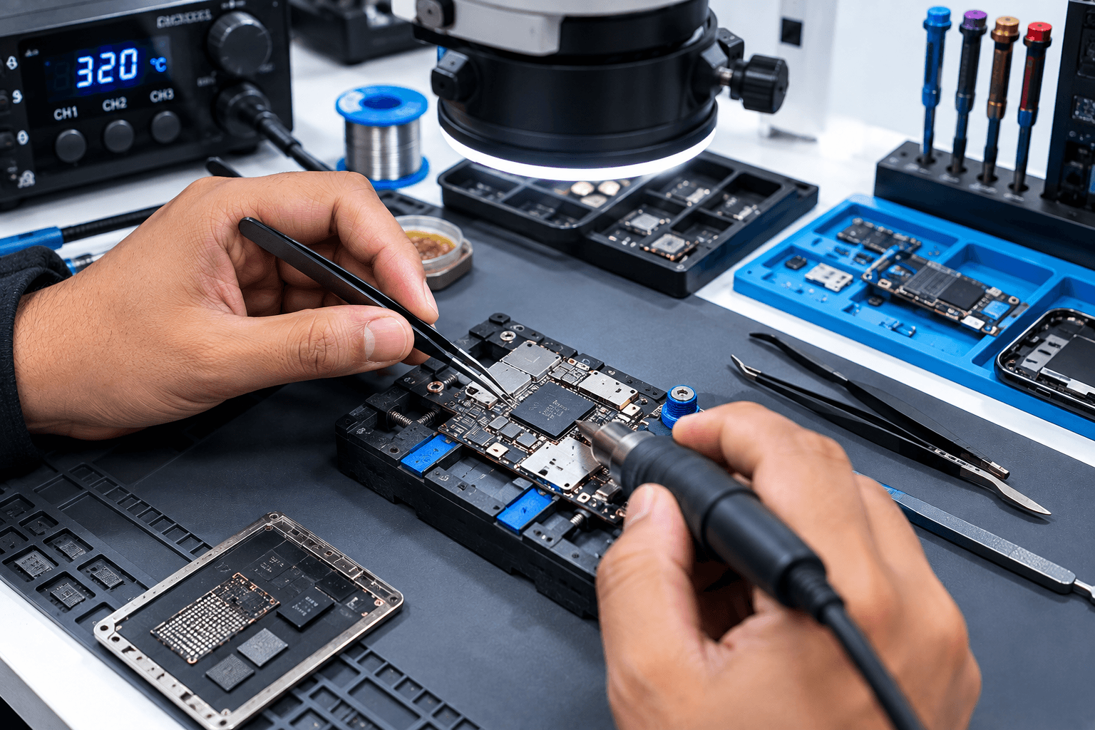 Chip-level soldering under a microscope